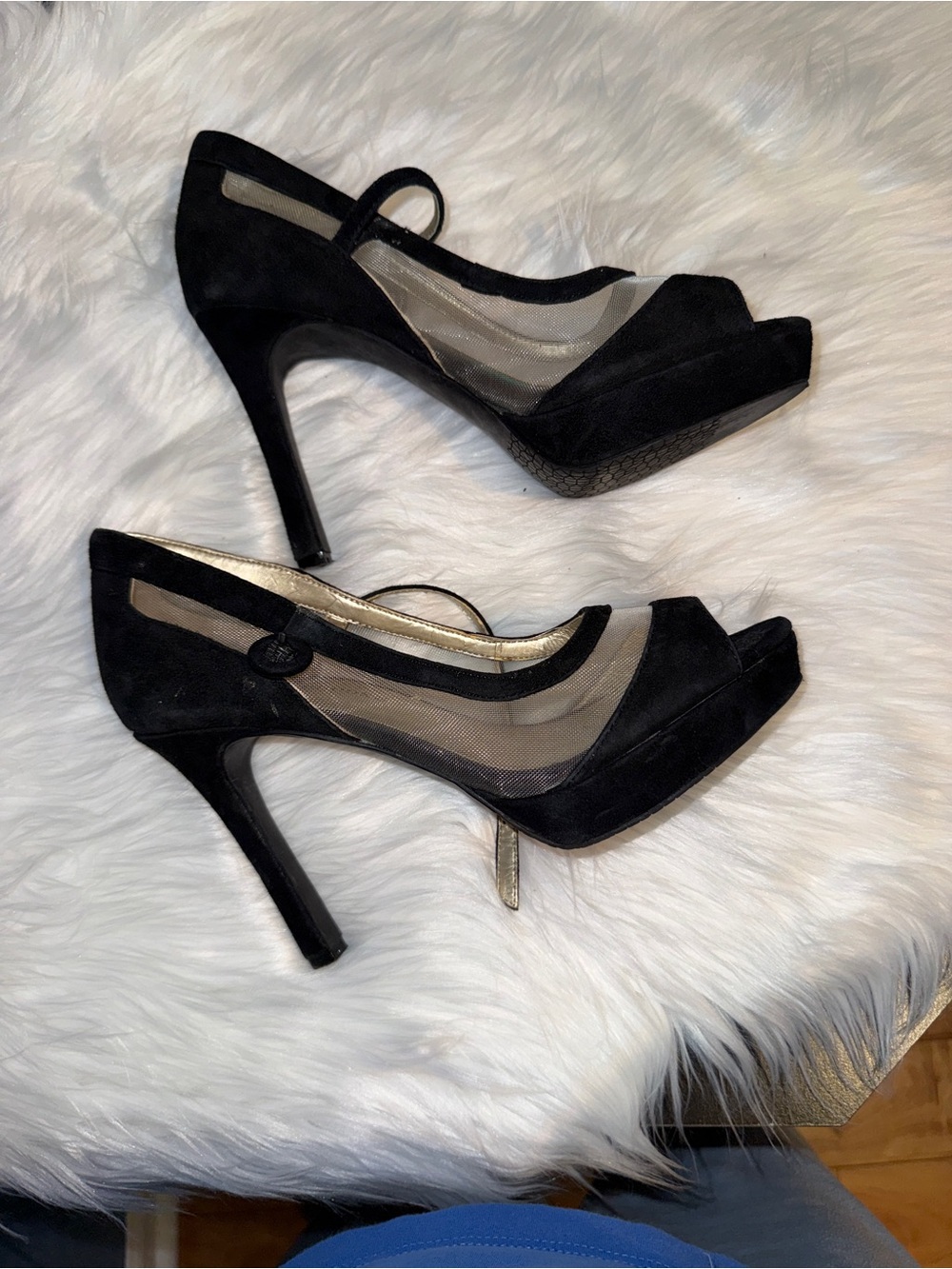 Audrey Brooke Black Peep-Toe Mesh Platform Heels